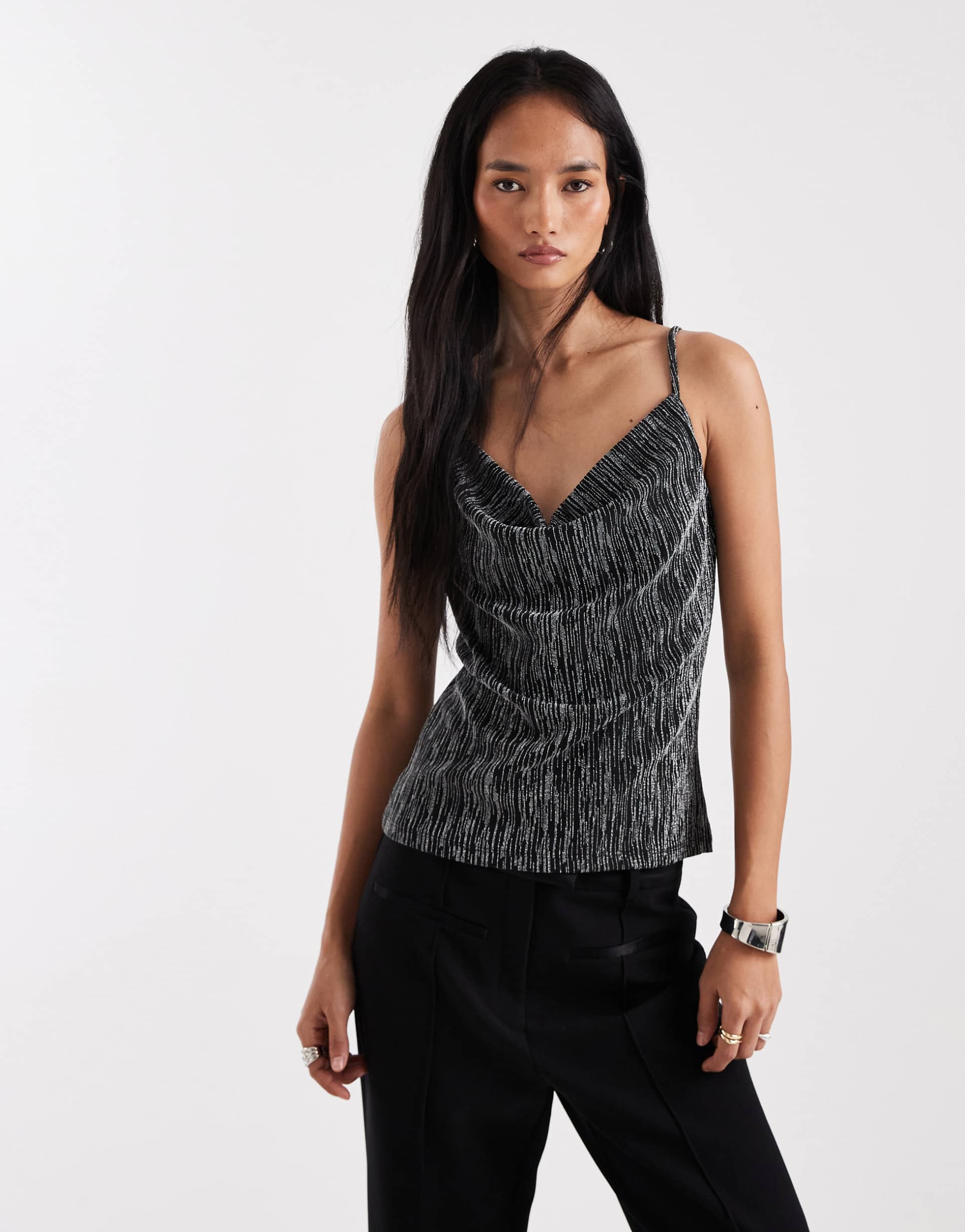 vero moda glitter cowl neck slinky cami top in black and silver