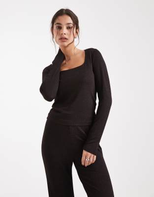 Vero Moda Glitter Long Sleeve Square Neck Top In Brown