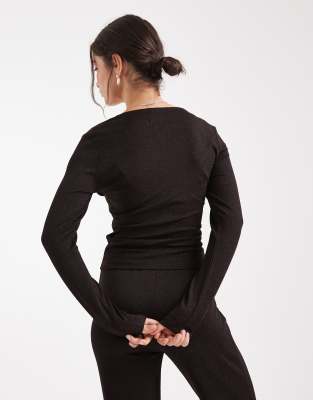 Vero Moda Glitter Long Sleeve Square Neck Top In Brown