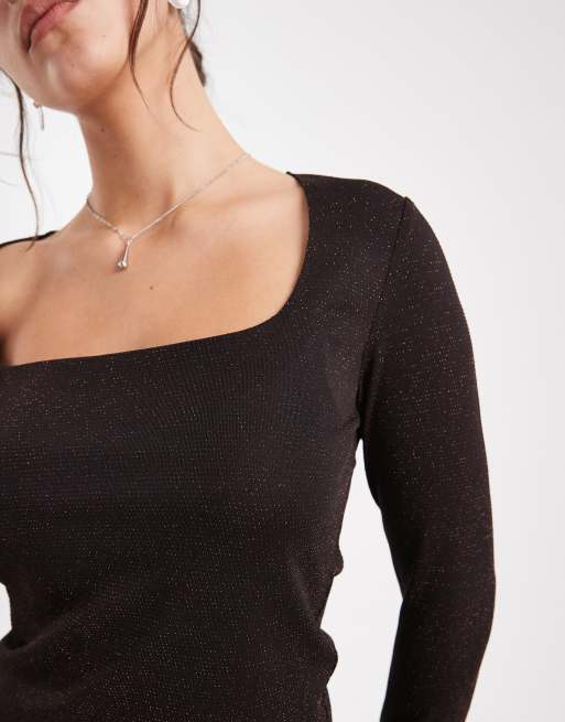 Vero Moda glitter long sleeve square neck top in chocolate and copper (Part of a set), 3 of 4