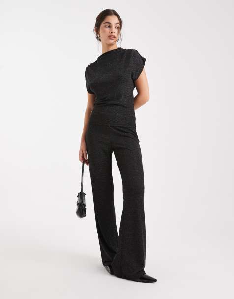 Vero Moda glitter sleeveless slash neck top and wide leg trouser set in black and silver - view 1