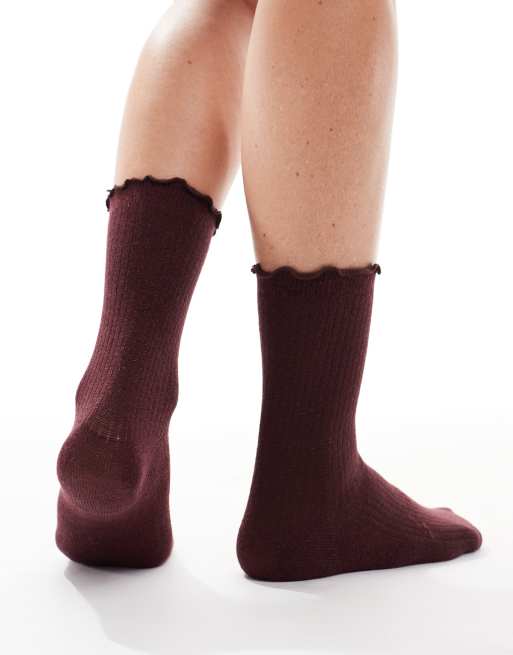 Vero Moda glitter sock with frill edge in burgundy, 3 of 3