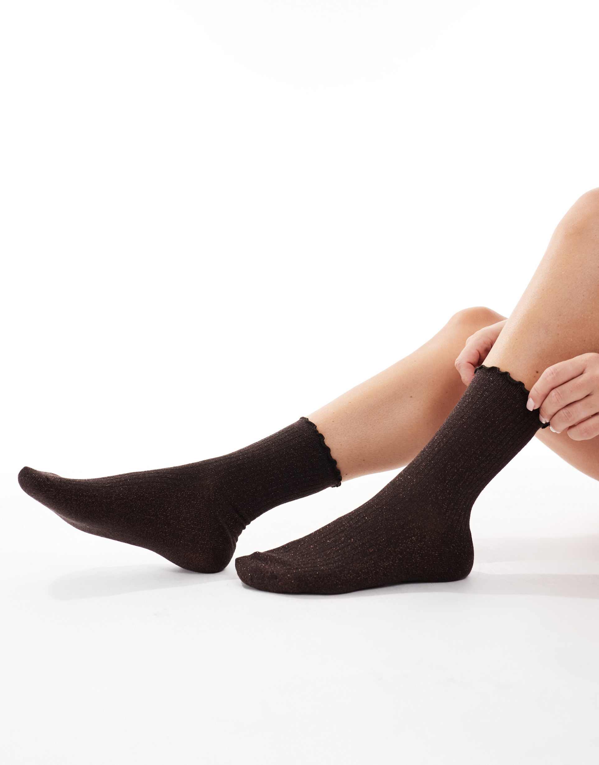 vero moda glitter sock with frill edge in chocolate brown