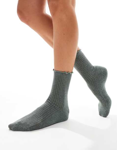Vero Moda glitter sock with frill edge in khaki - view 1