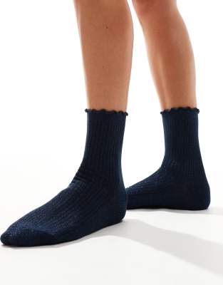 Vero Moda glitter sock with frill edge in navy