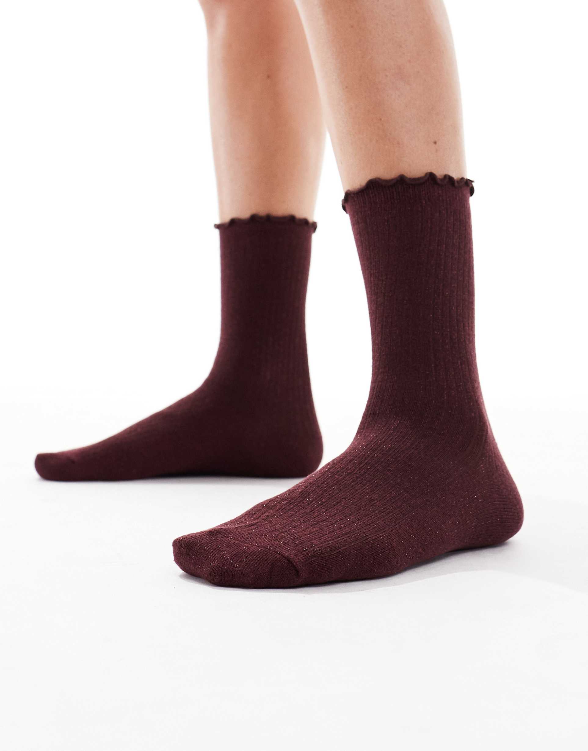 vero moda glitter socks with frill edge in burgundy