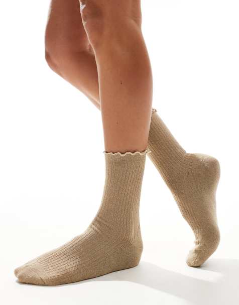 Vero Moda glitter socks with frill edge in gold - view 1