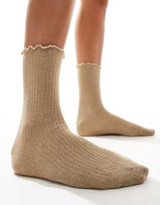 Vero Moda Glitter Socks With Frill Edge In Brown