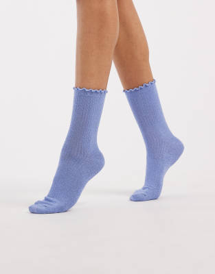 Vero Moda Glitter Socks With Frill Edges In Blue