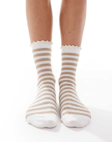 Vero Moda glitter socks with frill in white with gold stripes - view 1