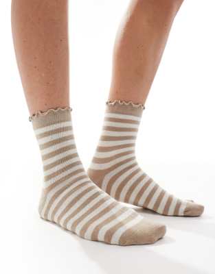 Vero Moda - Glitzer-Socken mit goldfarbenen Streifen und Rüschenrand-Neutral