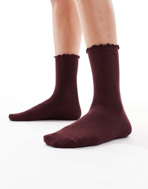 Vero Moda – Glitzernde Socken in Burgunderrot mit Rüschensaum - view 1