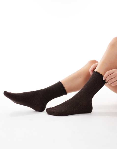 Vero Moda – Glitzernde Socken in Schokobraun mit Kräuselsaum - view 1