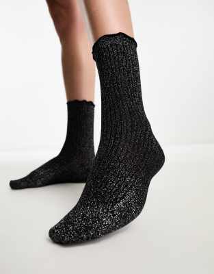 Vero Moda – Glitzernde Socken in Schwarz mit Rüschensaum