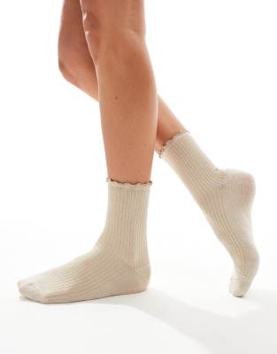 Vero Moda - Glitzersocken in Hellbeige mit Kräuselsaum-Neutral