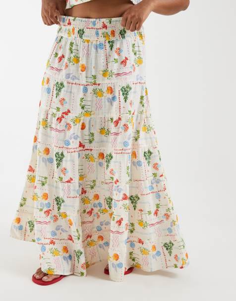 Vero Moda - Gonna lunga a punto smock in vita color panna con stampa marina in coordinato - view 1