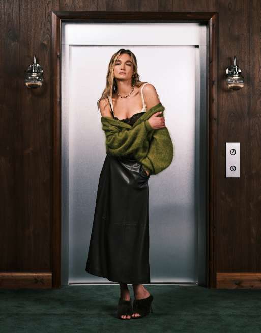 Vero Moda - Gonna midi a ruota color cioccolato in pelle sintetica con cuciture a vista