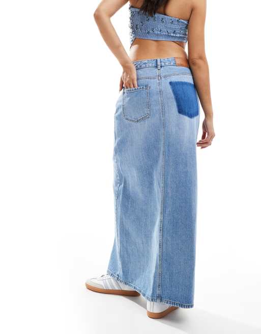 Vero Moda - Gonna midi in denim blu medio con spacco sul davanti e tasca con lavaggio diverso, 2 di 5