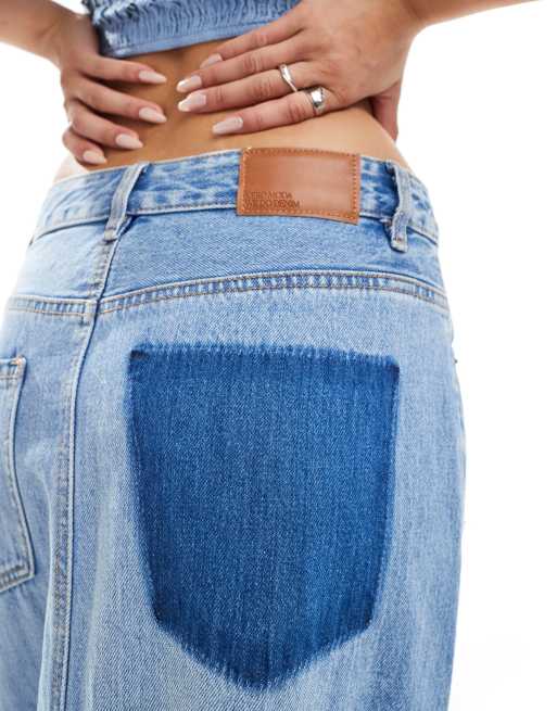 Vero Moda - Gonna midi in denim blu medio con spacco sul davanti e tasca con lavaggio diverso, 4 di 5