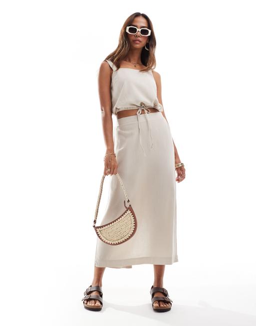 Vero Moda - Gonna midi in misto lino color pietra in coordinato