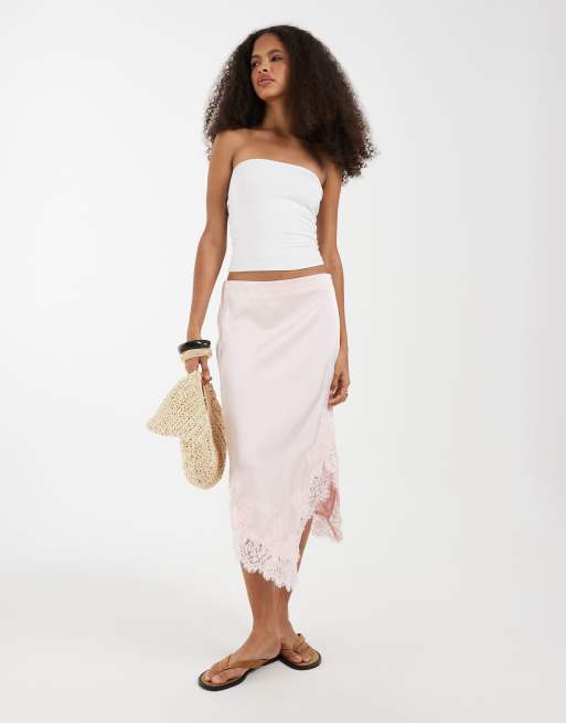Vero Moda - Gonna midi in raso rosa chiaro con dettagli in pizzo