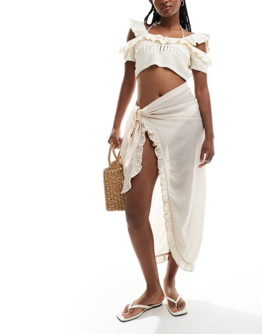 Vero Moda - Gonna pareo graduata crema con bordi smerlati