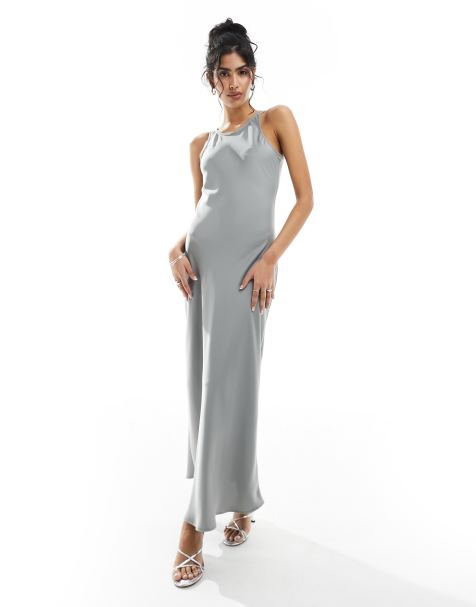 Vero Moda - Grå maxi-slip-kjole i satin med racer-hals - view 1