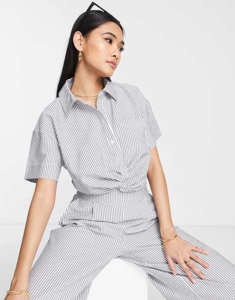 Vero Moda – Grå- och vitrandig, kort skjorta med snurrad knut framtill, del av set - view 1