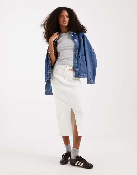 Vero Moda – Gräddvit midaxikjol i denim med slits framtill - view 1