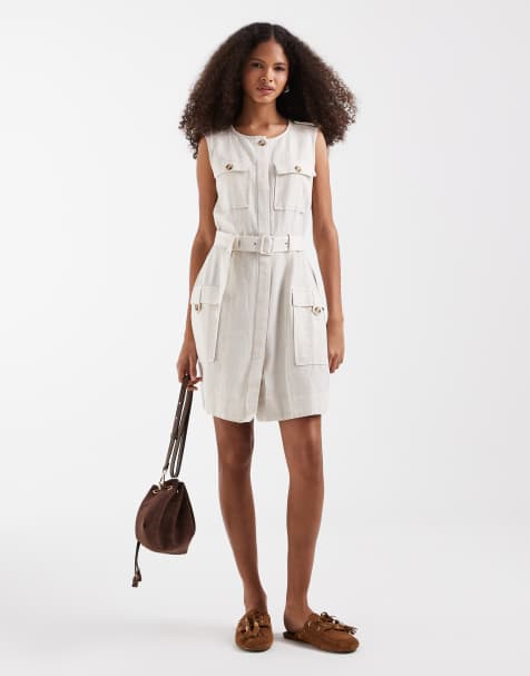 Vero Moda – Gräddvit miniklänning i linnestil med cargofickor och skärp - view 1