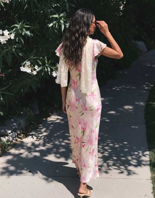 Vero Moda – Gräddvit, rosablommig maxiklänning i satin med utsvängda ärmar, 3 av 3