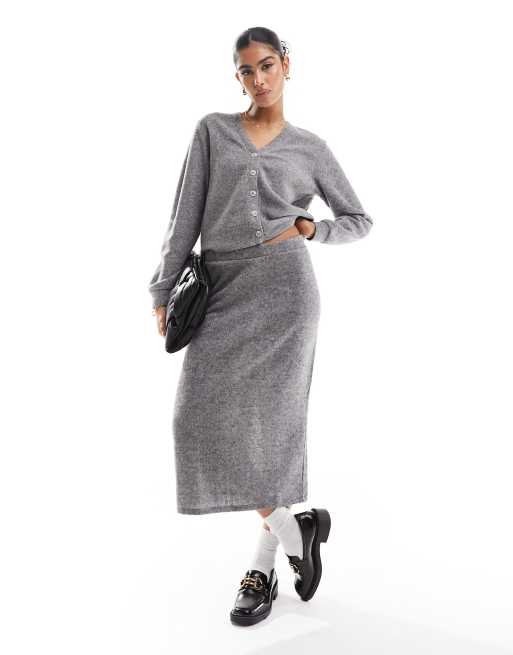 Vero Moda – Gråmelerad stickad midikjol, del av set, 4 av 5
