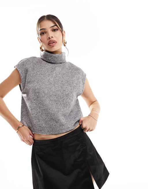 Vero Moda – Gråmelerad, stickad och ärmlös topp med hög krage