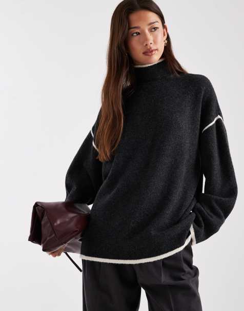 Vero Moda – Gråmelerad, stickad tröja med hög krage och kontrastfärgade kantränder - view 1