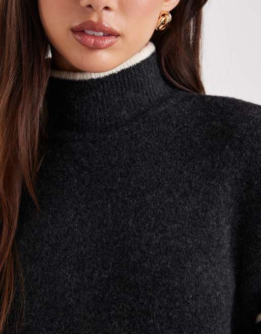 Vero Moda - Gråmeleret strikket trøje med høj hals og kontrasterende kanter, 4 af 4