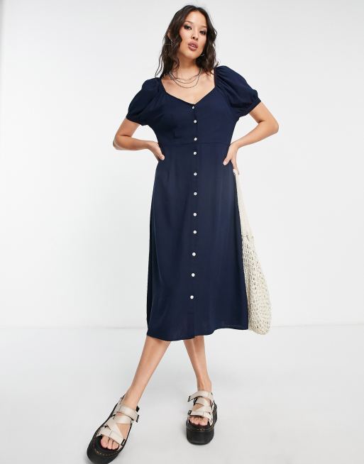 Vero Moda – Granatowa sukienka midi z krótkimi rękawami, bufkami i dekoltem w kształcie litery V