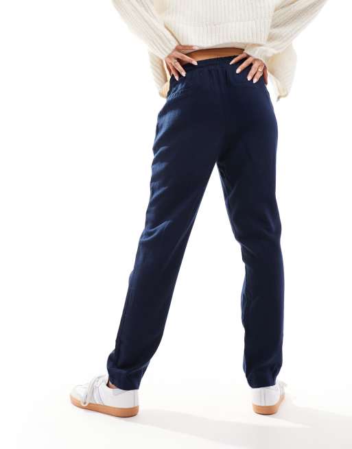 Vero Moda – Granatowe zwężane spodnie z mieszanki lnu, 2 z 5
