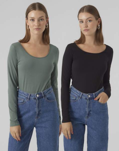 Vero Moda - Grøn og sort langærmet top i pakke med 2 stk - view 1