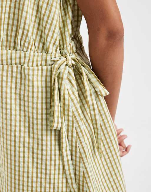 Vero Moda - Grøn ærmeløs minikjole i seersucker med bindebånd og sløjfedetaljer i siderne samt gingham-tern, 4 af 4