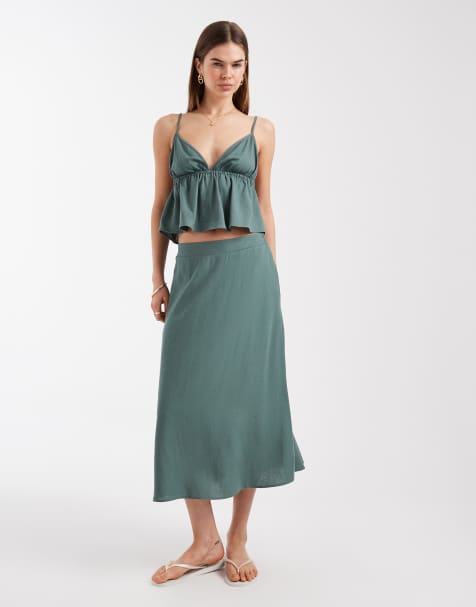 Vero Moda - Grønt sæt med cami-top og midinederdel i hørlook - view 1