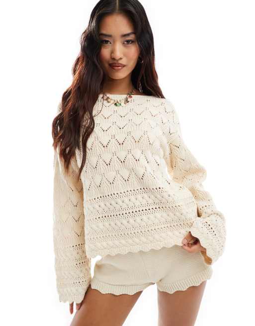 Vero Moda – Grobmaschiger Strickpullover in Cremeweiß