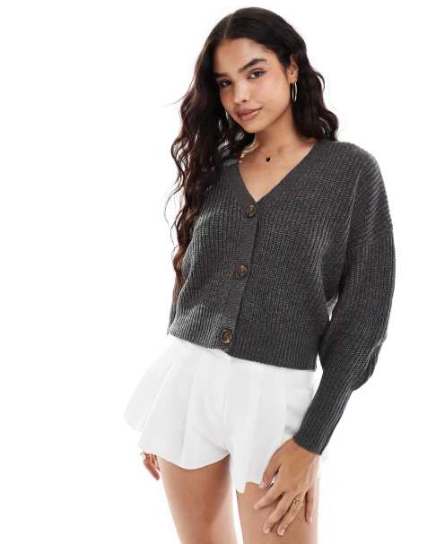 Vero Moda - Grofgebreid vest met ribbels en knopen in asfaltgrijs - view 1