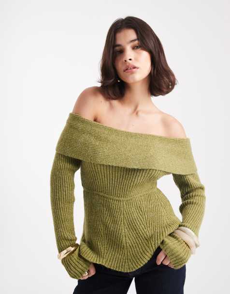 Vero Moda – Grön, ribbstickad topp med bardotringning - view 1