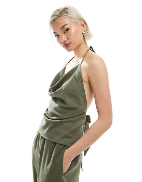 Vero Moda – Grön topp i linnestil med draperad ringning och halterneck, del av set - view 1