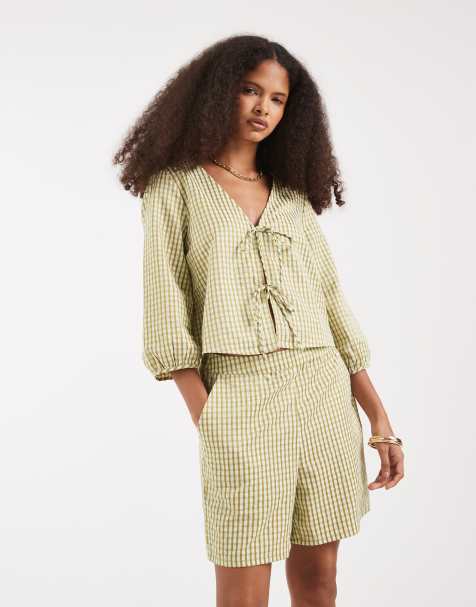 Vero Moda – Gröna, ginghamrutiga shorts med hög midja, del av set - view 1
