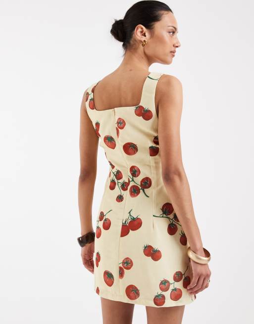 Vero Moda – Gul, tomatmönstrad, a-linjeformad miniklänning med fyrkantig ringning, 4 av 4