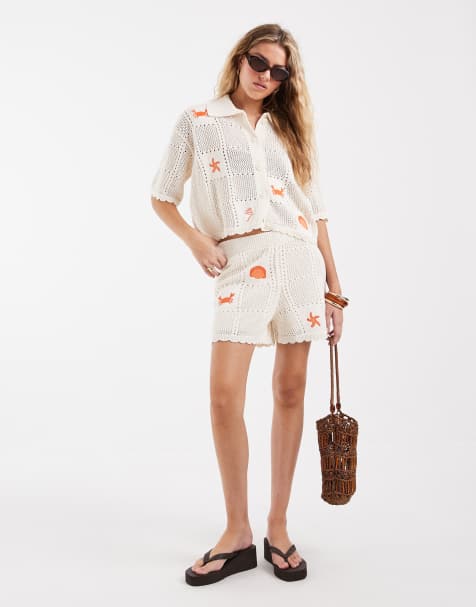 Vero Moda – Häkel-Shorts in Cremeweiß mit Krabben-Stickerei, Kombiteil - view 1