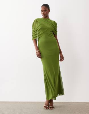 Vero Moda Half Sleeve Cape Detail Mesh Maxi Dress In Green