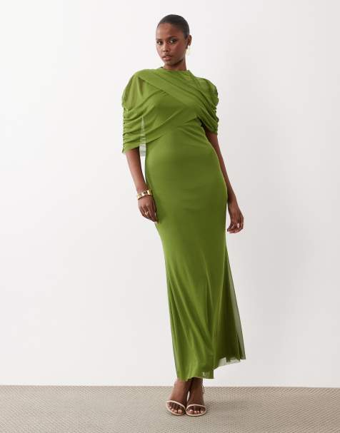 Vero Moda half sleeve cape detail mesh maxi dress in green - view 1