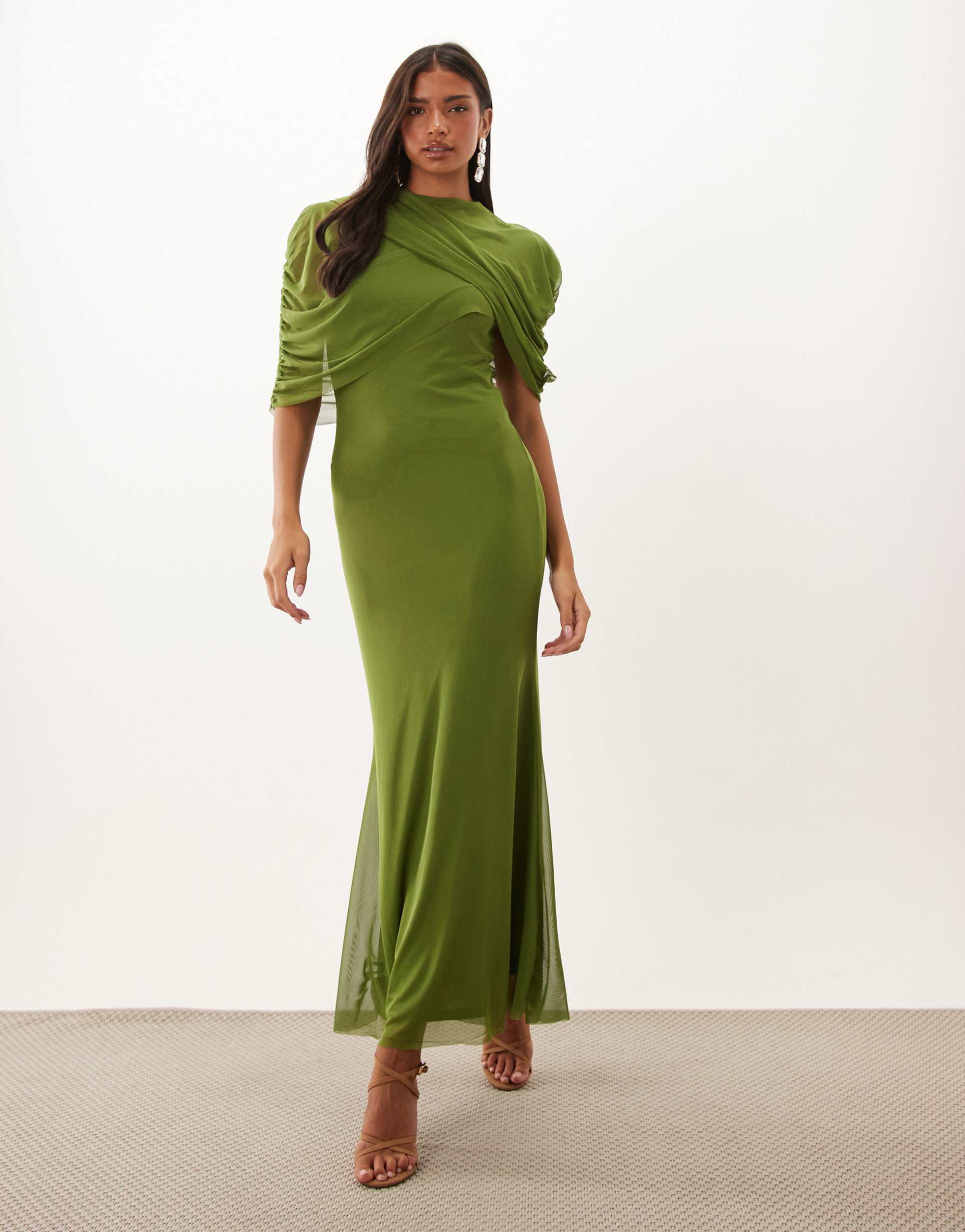 vero moda half sleeve cape detail mesh maxi dress in green